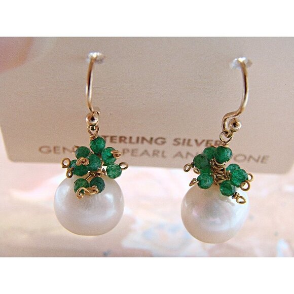 NEW Sterling Silver Genuine Pearl and Green Stone Dangle Earrings Gold Hook NWT - Picture 9 of 11